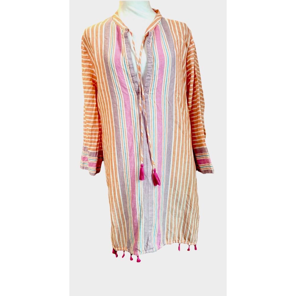 J Crew Striped Linen Tassel Tunic Cover Up/Dress Sz M Beach Resort Wear Swimming